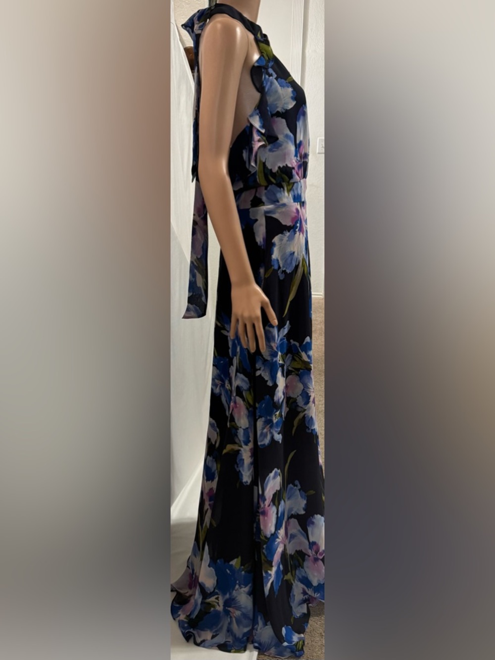 Eliza J Floral Chiffon Halter Maxi Dress Ruffle Neck Navy Multi Size 4 - Picture 9 of 13